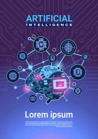 Artificial intelligence banner with cyber brain cog wheel and gears on motherboard. Vertical background with copy space, flat vector illustration.のイラスト素材