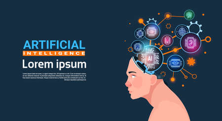Female head with cyber brain cog wheel and gears. Concept of artificial intelligence banner with copy space, flat vector illustration.のイラスト素材