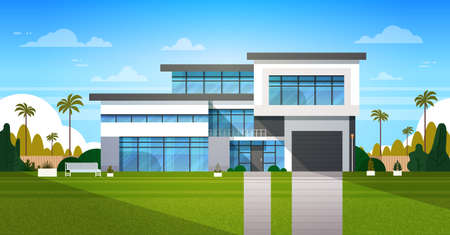 Cottage House Exterior With Backyard Real Estate In Suburb Landscape Flat Vector Illustrationのイラスト素材