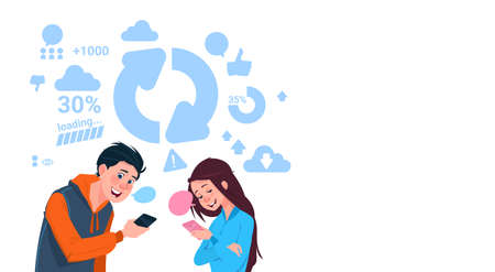 Young Boy And Girl Holding Cell Smart Phones Uploading Files Social Media Communication Lifestyle Concept Vector Illustrationのイラスト素材