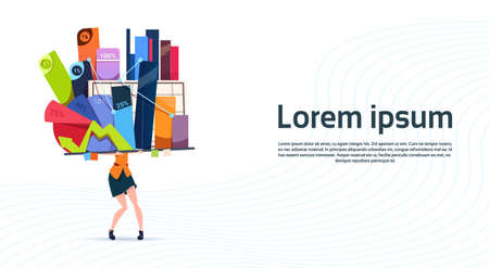 Woman Hold Box With Office Stuff Digrams And Charts With Percents On White Background With Copy Space Flat Vector Illustrationのイラスト素材