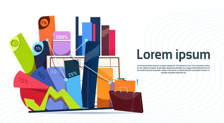 Box With Office Stuff Digrams And Charts With Percents Isolated On White Background With Copy Space Flat Vector Illustrationのイラスト素材