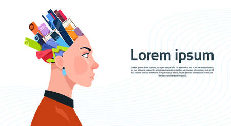 Woman Head With Box With Office Stuff Digrams And Charts With Percents On White Background With Copy Space Flat Vector Illustrationのイラスト素材