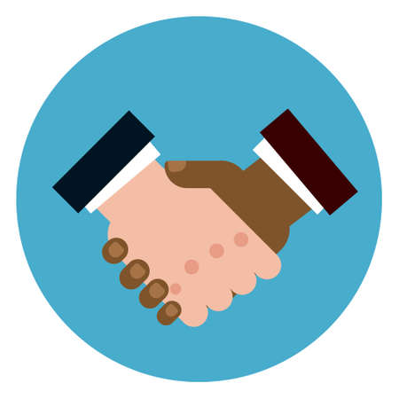 Handshape Icon African American And Caucasian Men Shaking Hands On Round Blue Background Flat Vector Illustrationのイラスト素材