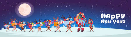 Santa With Reindeers Carry Stack Of Presents Outdoors At Night Horizontal Happy New Year Banner Design Flat Vector Illustrationのイラスト素材