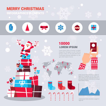 New Year And Christmas Infographics Set With Santa Standing On Big Gifts Stack Vector Illustrationのイラスト素材