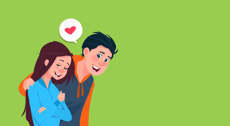 Young boy embrace girl, heart shape image. Cute teens in love banner with copy space, vector illustration.のイラスト素材
