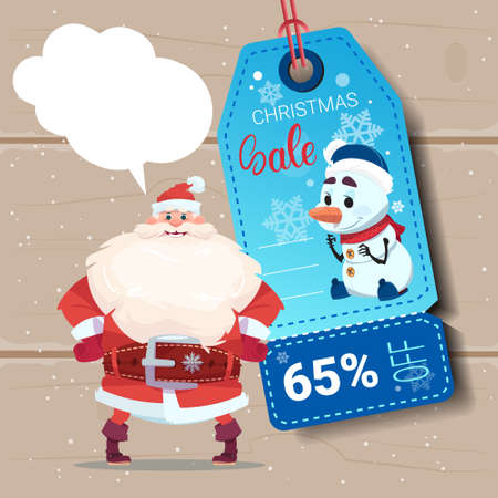 Santa Claus with Christmas sale tag on wooden texture background, flat vector illustration.のイラスト素材