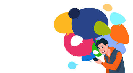 Young boy messaging, holding smart phones over colorful chat bubbles background. Social media communication lifestyle concept, vector illustration.のイラスト素材