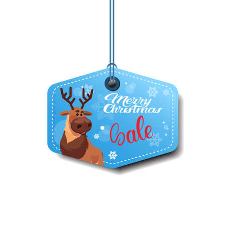 Merry Christmas sale tag with reindeer. Holiday shopping sticker on white background, flat vector illustration.のイラスト素材