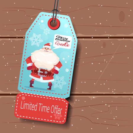 Christmas sale tag with Santa on wooden background, flat vector illustration.のイラスト素材
