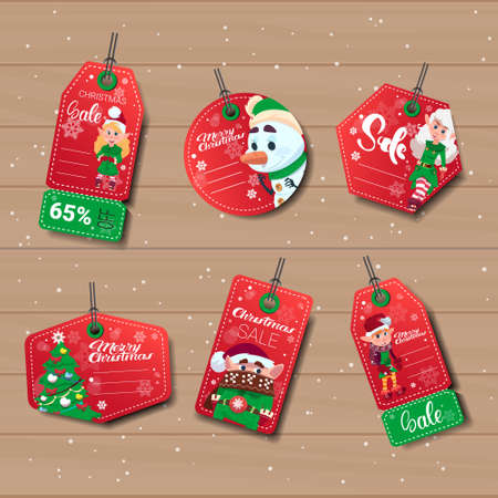 New Year sale tags set with elf on wooden texture, flat vector illustration.のイラスト素材