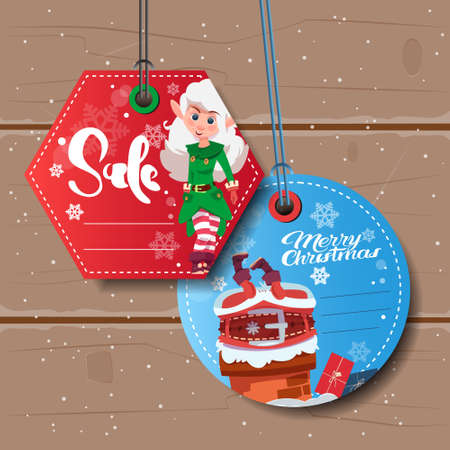 Two Tags Christmas Sale Concept Colorful Discount Signs On Wooden Background in Flat Vector Illustrationのイラスト素材
