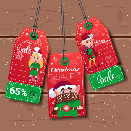 Christmas Sale Tags With Elfs On Wooden Textured Background in Flat Vector Illustrationのイラスト素材