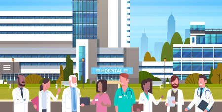 Group Of Medical Doctors Standing In Front Of Hospital Building Exterior Flat Vector Illustrationのイラスト素材
