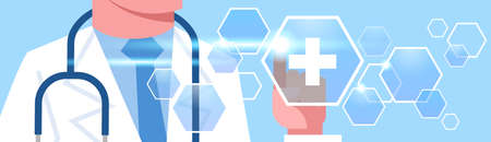 Medical Doctor Press Button On Digital Monitor Horizontal Banner Online Medicine And Treatment Concept Flat Vector Illustrationのイラスト素材