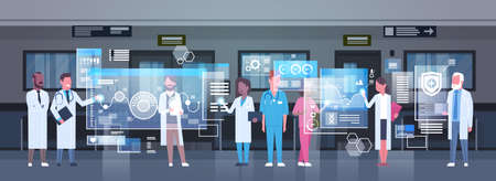 Group Of Medical Doctors Using Digital Monitor Working In Hospital Medicine And Modern Technology Concept Flat Vector Illustrationのイラスト素材