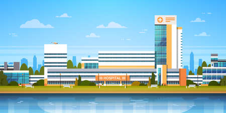 City Landscape With Hospital Building Exterior Modern Clinic View Flat Vector Illustrationのイラスト素材