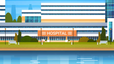 Hospital Building Exterior Modern Clinic View Flat Vector Illustrationのイラスト素材