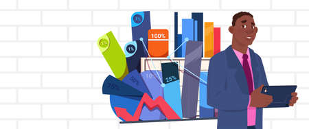 African American Businessman Holding Presentation Stand Over Abstract Charts And Graph Business Man Seminar Or Report Meeting Flat Vector Illustrationのイラスト素材