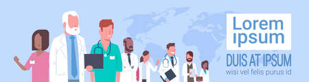 Group Of Medical Doctors Standing Over World Map Treatment Social Network Concept Flat Vector Illustrationのイラスト素材