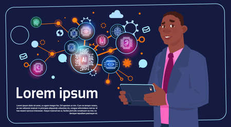 African American Businessman Holding Presentation Stand Over Digital Screen With Charts And Graph Infographics Businessman Seminar Or Report Meeting Flat Vector Illustrationのイラスト素材