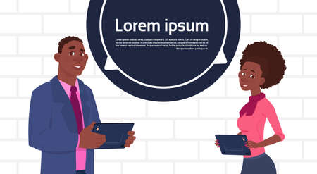 African American Business Man And Woman Holding Tablet Speak Big Chat Bubble With Text Copy Space Flat Vector Illustrationのイラスト素材