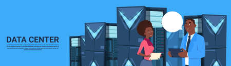 African American Business Man And Woman Working On Digital Tablet In Modern Database Center Or Server Room Businessman And Businesswoman Engeneer Flat Vector Illustrationのイラスト素材