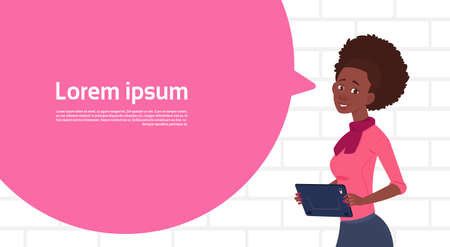 African American Businesswoman Holding Tablet Speak Big Chat Bubble With Text Copy Space Flat Vector Illustrationのイラスト素材