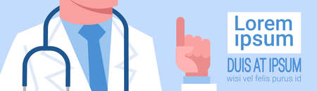 Medical Doctor Point Finger Up To Copy Space Horizontal Banner Medicine And Treatment Concept Flat Vector Illustrationのイラスト素材
