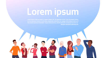 Group Of People With Big Chat Bubble Copy Space Mix Race Cartoon Men And Women Social Media Communication Or Idea Concept Flat Vector Illustrationのイラスト素材