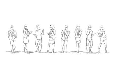 Set of sketch silhouette of business people over white backgroundのイラスト素材