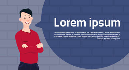 Man standing beside a big chat bubble with copy space.のイラスト素材