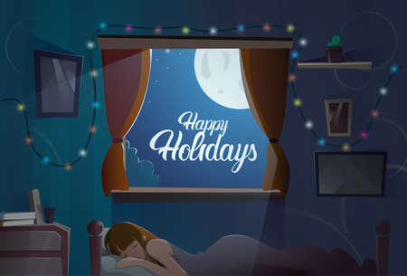 Happy Holidays Text on Window with Sleeping Girl Flat Vector Illustration.のイラスト素材