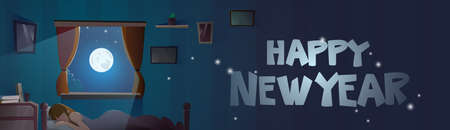 Happy New Year Text In the Window With Sleeping Girl Winter Holiday Banner Flat Vector Illustrationのイラスト素材