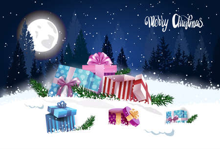 Gift Boxes In Winter Forest Merry Christmas Background Design Holidays Banner Flat Vector Illustrationのイラスト素材
