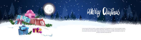 Christmas Banner With Nigth Winter Forest Gift Boxes In Snow Landscape Holidays Decoration Concept Flat Vector Illustrationのイラスト素材
