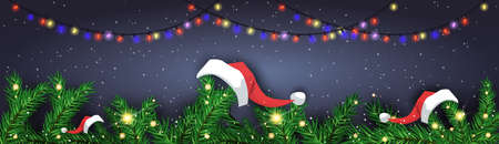 Winter Holidays Decorations With Fir Branches On Black Background Christmas And New Year Decor Design Vector Illustrationのイラスト素材