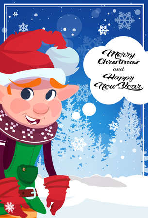 Elf Greeting With Merry Christmas And Happy New Year Winter Holidays Poster Flat Vector Illustrationのイラスト素材