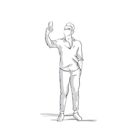 Man in full length holding mobile phone, taking picture of self, in sketched, black and white, outlined illustration.のイラスト素材