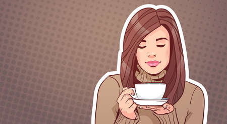 Portrait Of Beautiful Woman Holding Cup With Hot Beverage Over Vintage Pop Art Illustrationのイラスト素材
