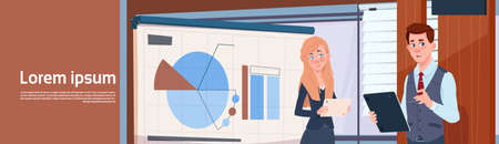 Businessman And Businesswoman Holding Presentation Stand Over Board With Charts And Graph Business Woman And Man Seminar Or Report Meeting Horizontal Banner Flat Vector Illustrationのイラスト素材