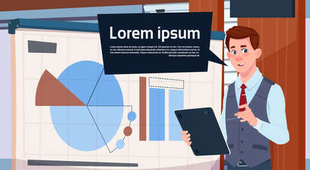 Businessman Holding Presentation Stand Over Board With Charts And Graph Business Man Seminar Or Report Meeting Flat Vector Illustrationのイラスト素材