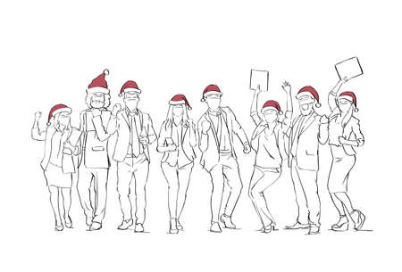 Cheerful Group Of People Wearing Santa Hats Celebrating Merry Christmas Winter Holidays Human Sketches Vector Illustrationのイラスト素材