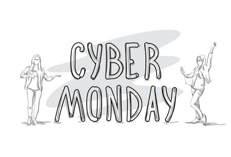 Cyber Monday Sale Banner With Sketch People Silhouette Holiday Shopping Concept Vector Illustrationのイラスト素材