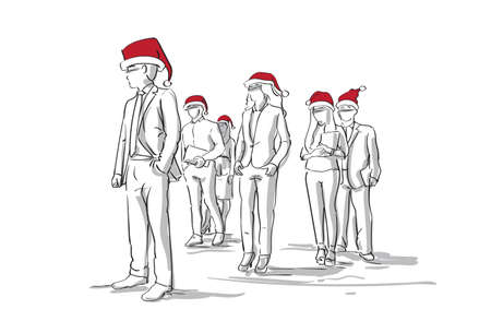 Group Of Sketch Silhouettes Of Business People Wearing Red Santa Hats Business people.のイラスト素材