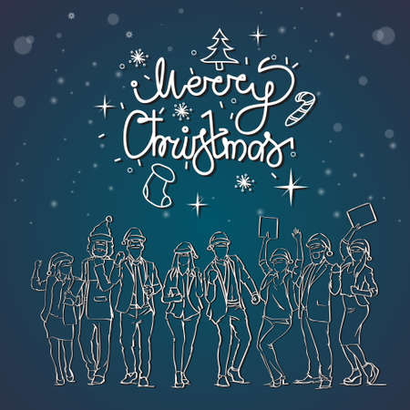 Christmas Greeting Card With Cheerful People Silhouettes Celebrating Winter Holidays Poster Vector Illustrationのイラスト素材