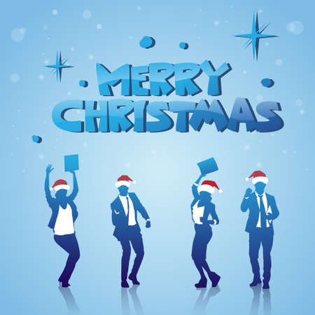 Cheerful People Silhouettes Wearing Santa Hats Celebrating Merry Christmas Winter Holidays Poster Vector Illustrationのイラスト素材