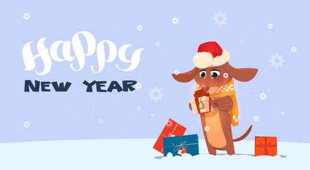 Happy New Year 2018 background with cute dog wearing Santa hat.のイラスト素材