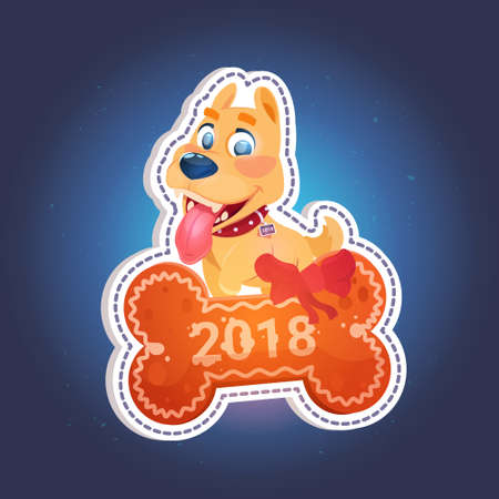 Holiday sticker dog on bone with 2018 text on blue background.のイラスト素材